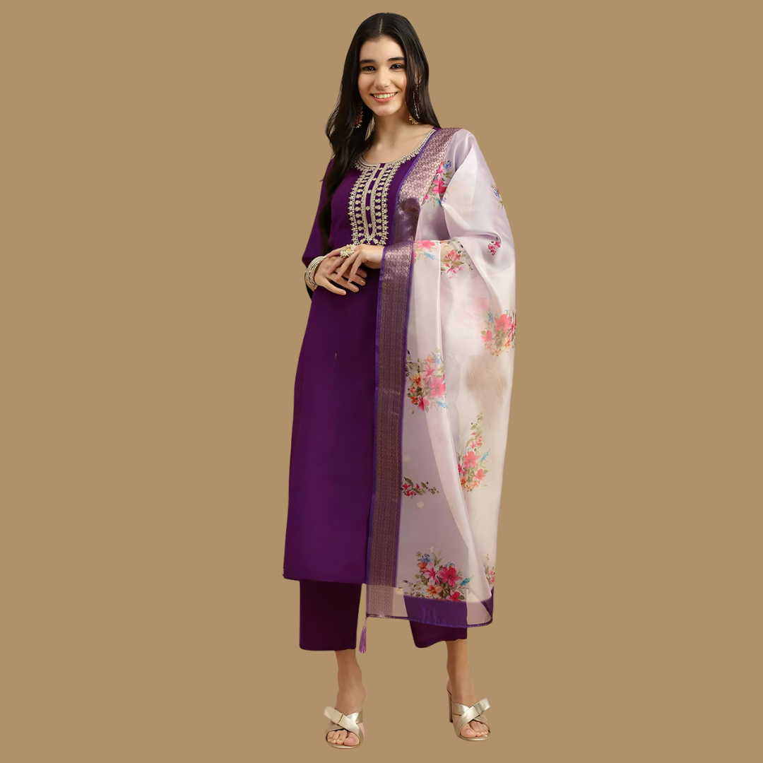 Purple Embroidered Rayon Slub Straight Kurta Pant Dupatta Set