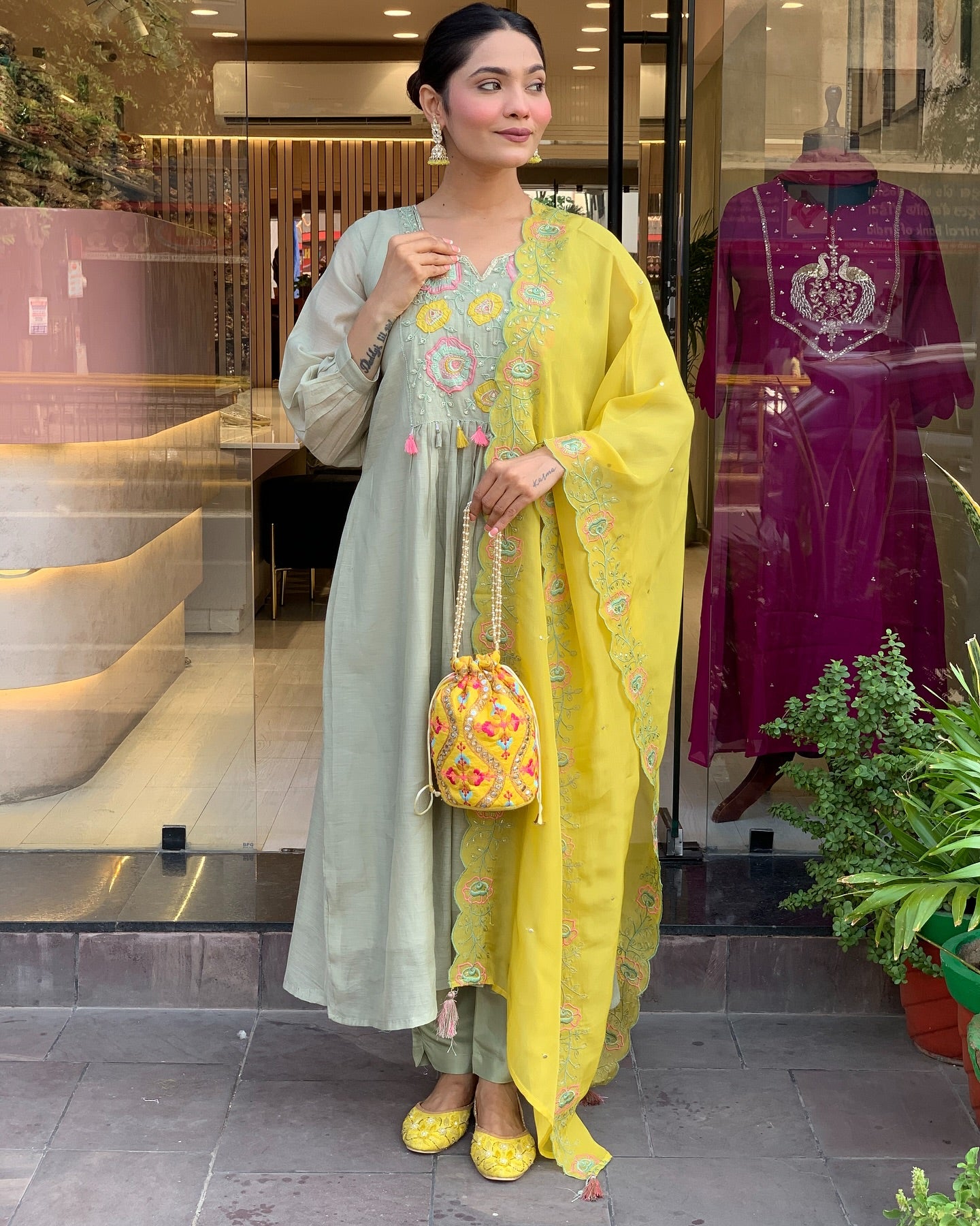 Pista Green Kurti Set with Yellow Embroidered Dupatta
