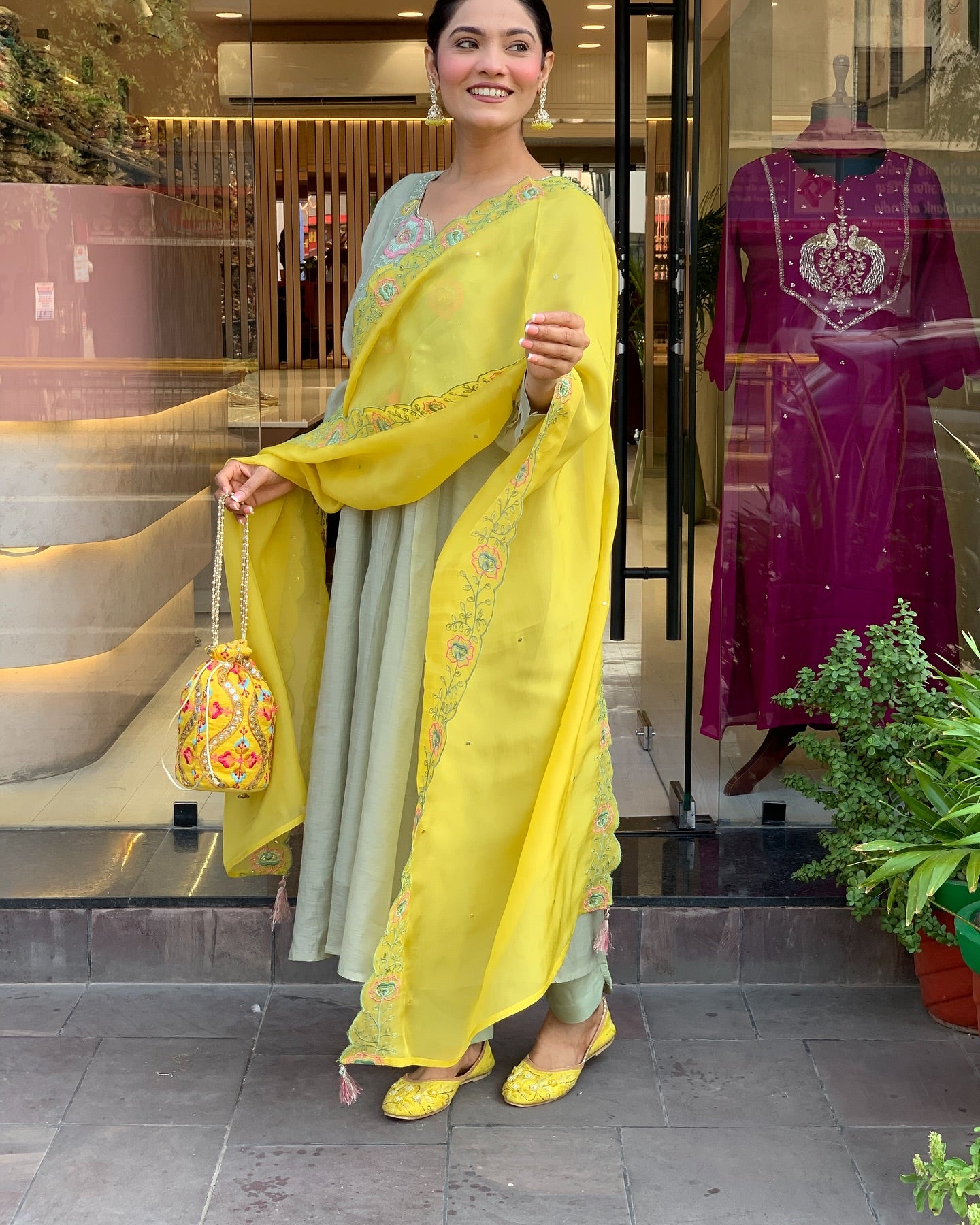Pista Green Kurti Set with Yellow Embroidered Dupatta