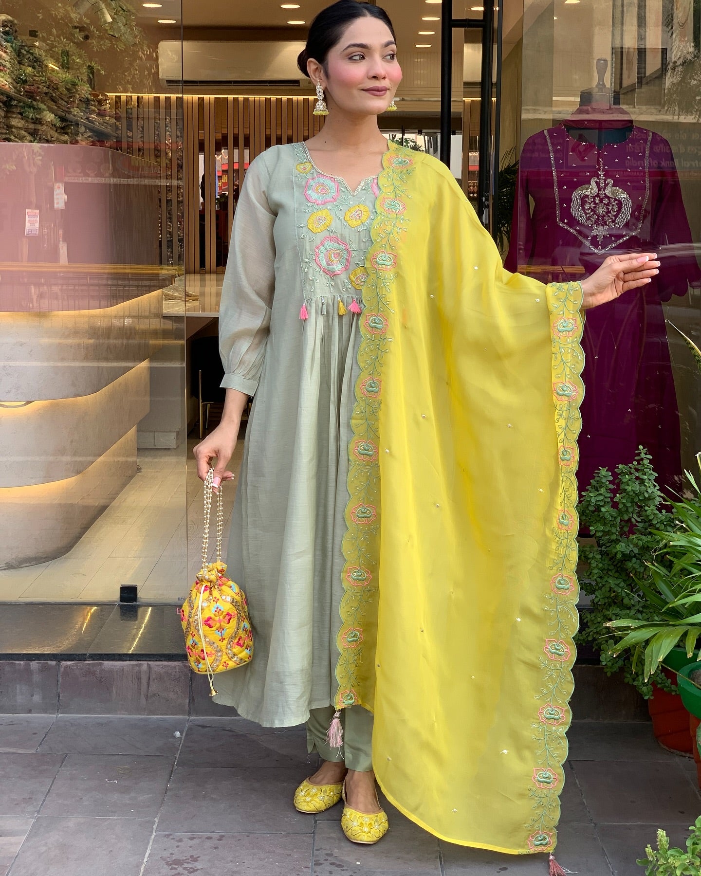 Pista Green Kurti Set with Yellow Embroidered Dupatta