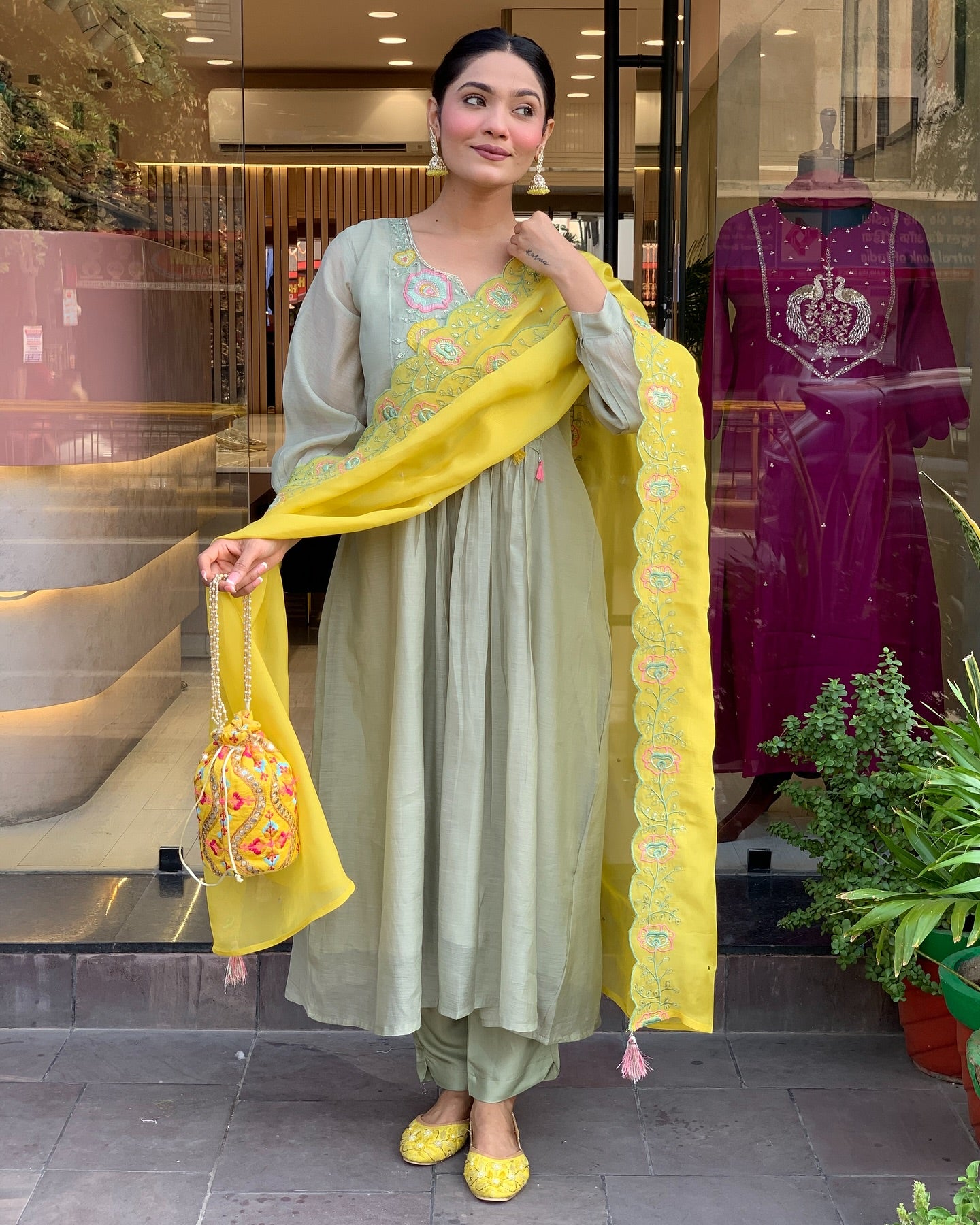 Pista Green Kurti Set with Yellow Embroidered Dupatta