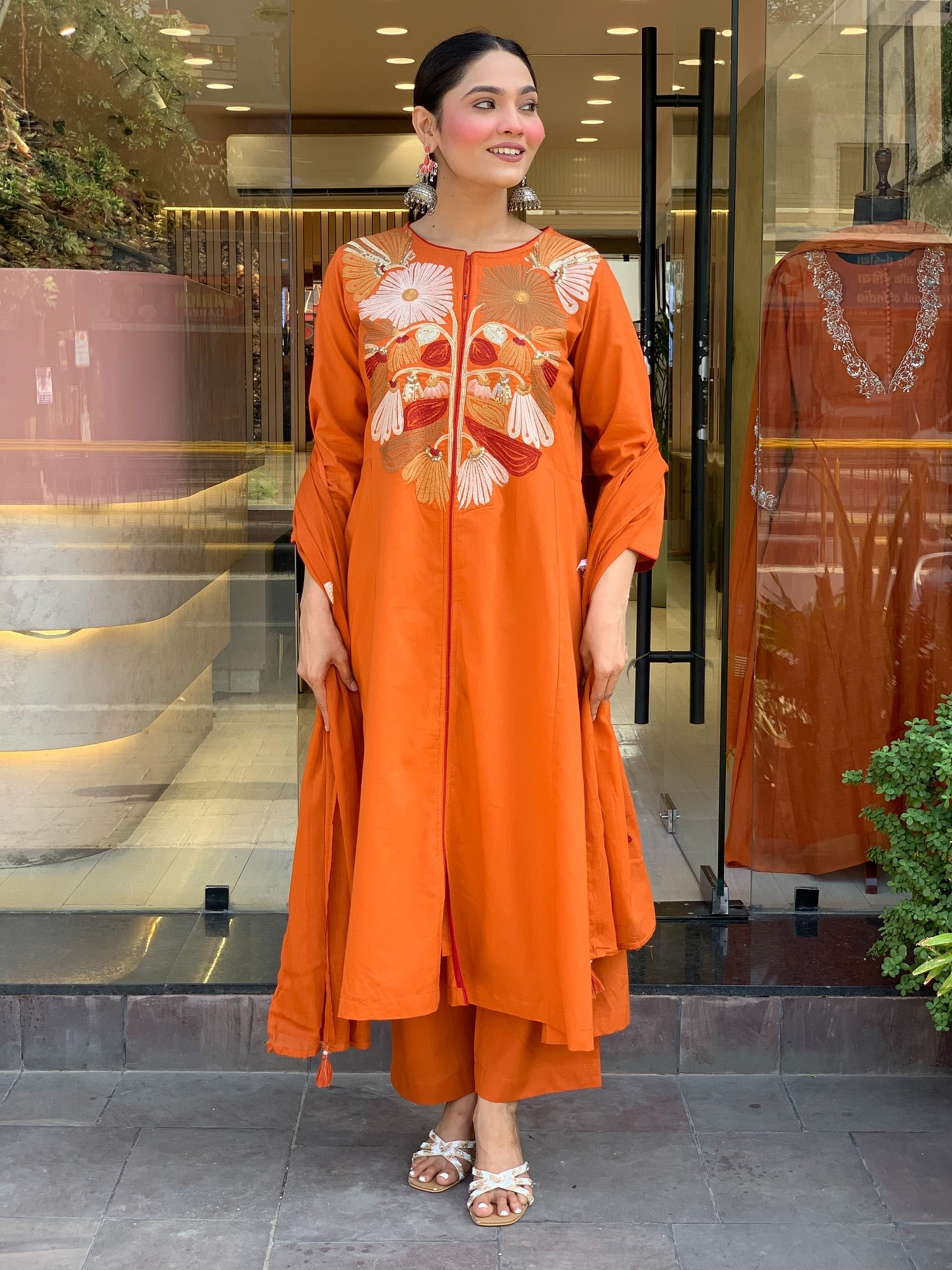 Rust Floral Sequin Work Embroidered Cotton Suit Set