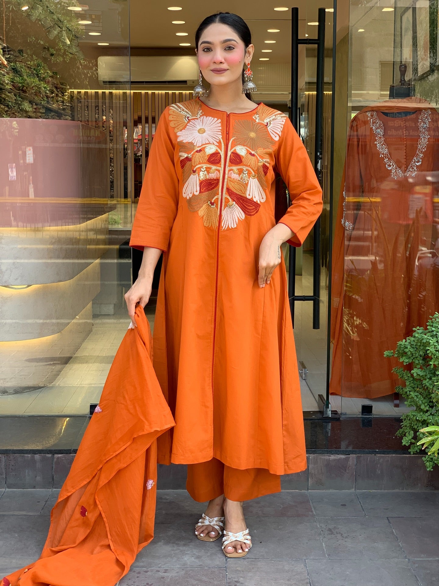 Rust Floral Sequin Work Embroidered Cotton Suit Set