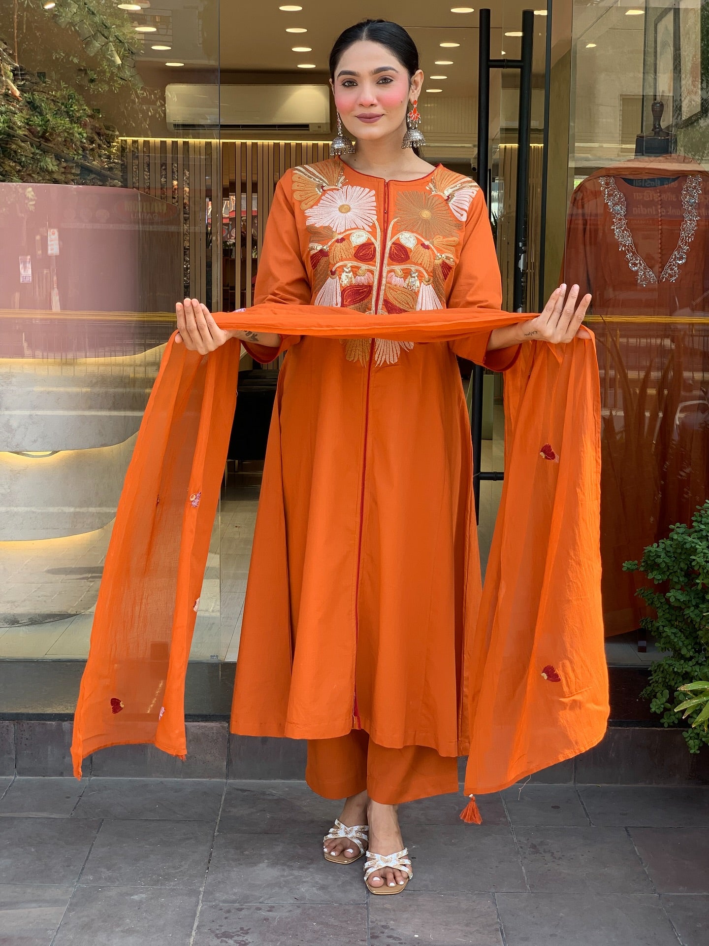 Rust Floral Sequin Work Embroidered Cotton Suit Set