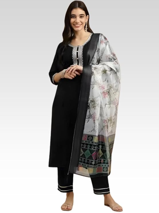 Black Color Magic Cotton Kurta Set for Women | 3 Piece Kurti Pant Dupatta Set with Chanderi Digital Print Dupatta | Ethnic Collection