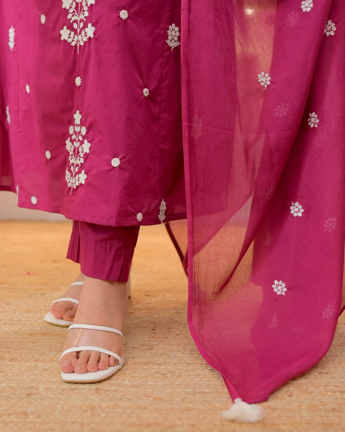 Pink Rayon Slub Kurta Pant Set with Chanderi Dupatta