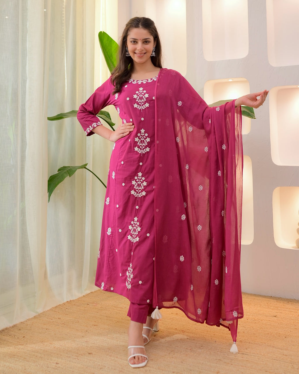 Pink Rayon Slub Kurta Pant Set with Chanderi Dupatta