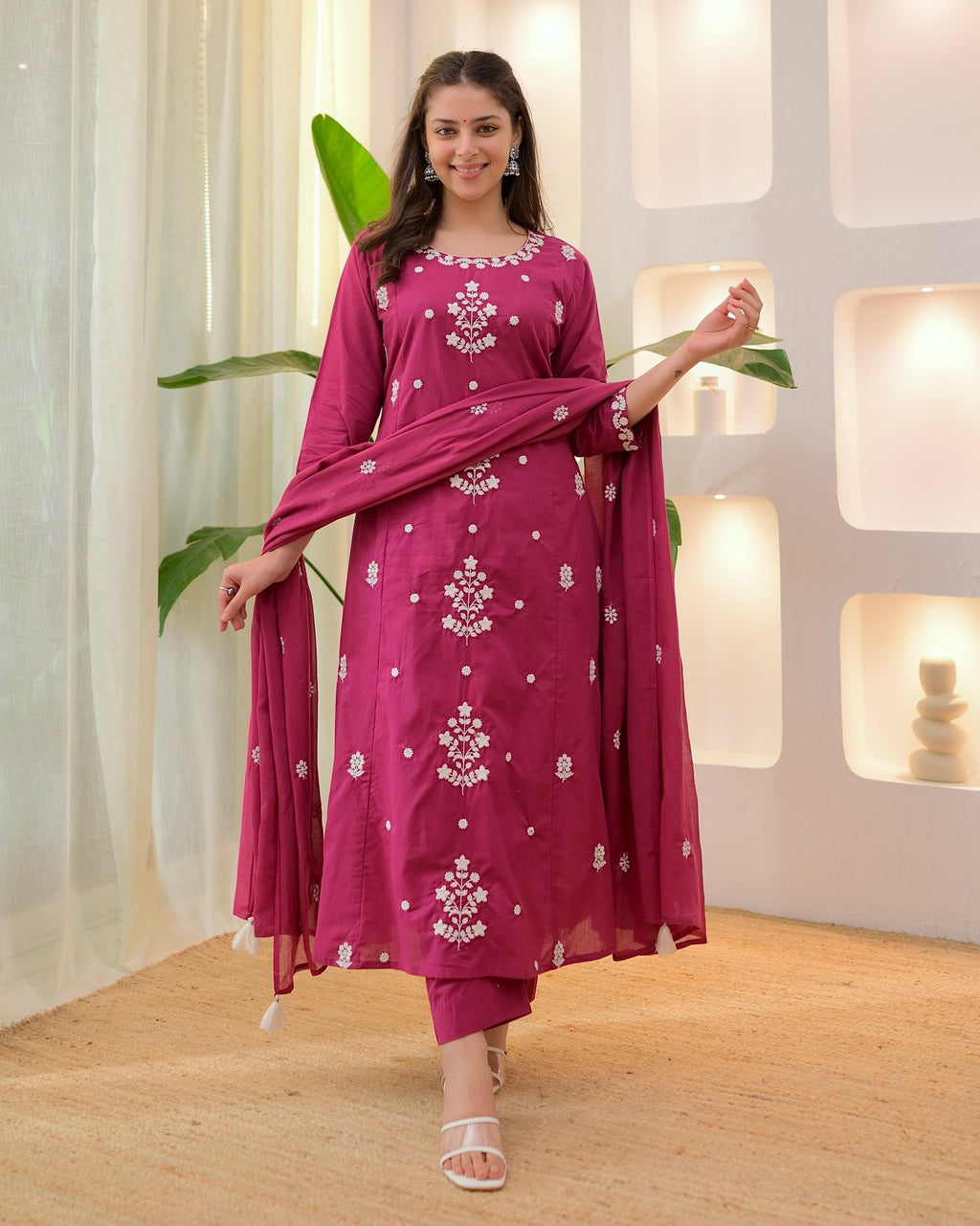 Pink Rayon Slub Kurta Pant Set with Chanderi Dupatta