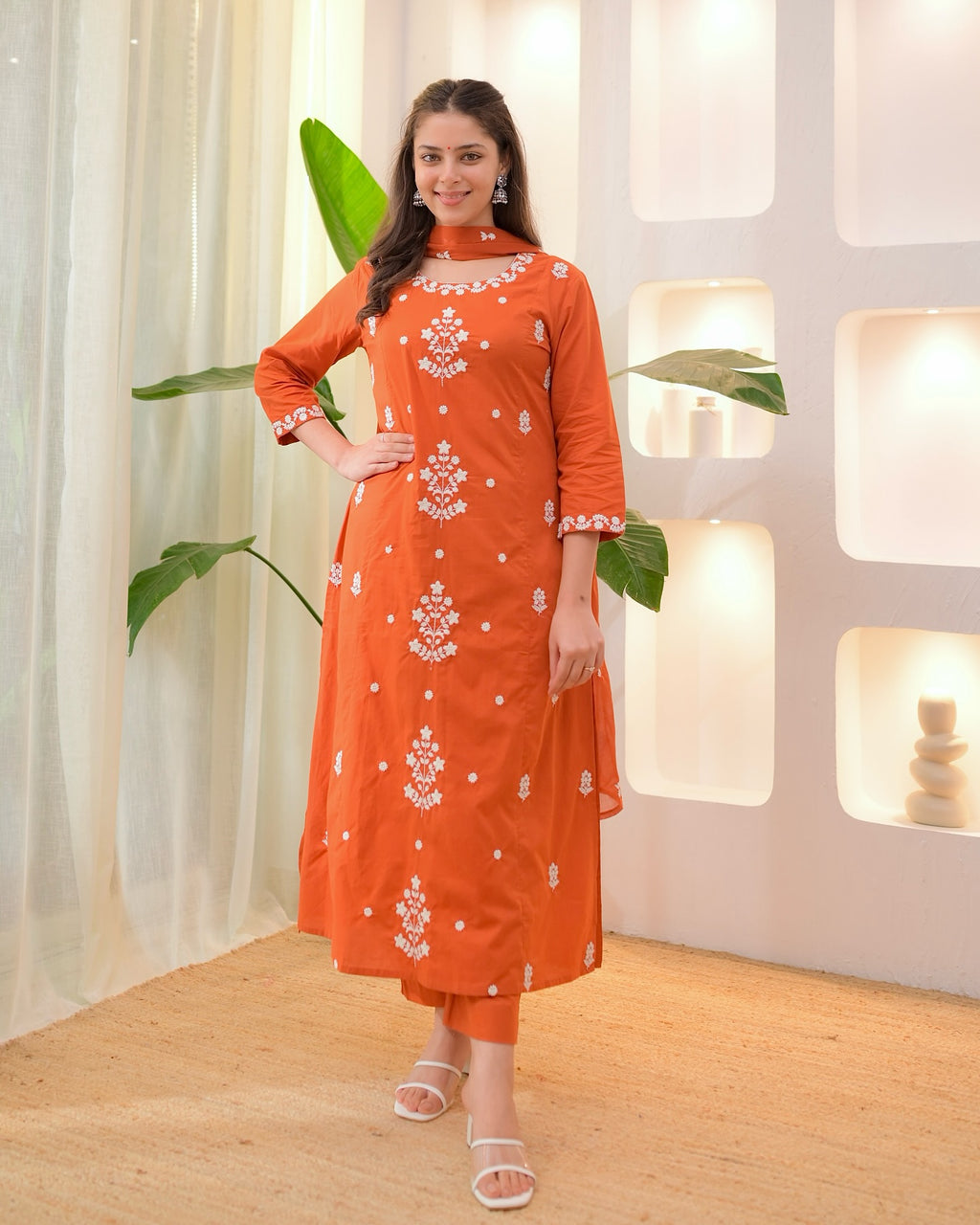 Orange Rayon Slub Kurta Pant Set with Chanderi Dupatta