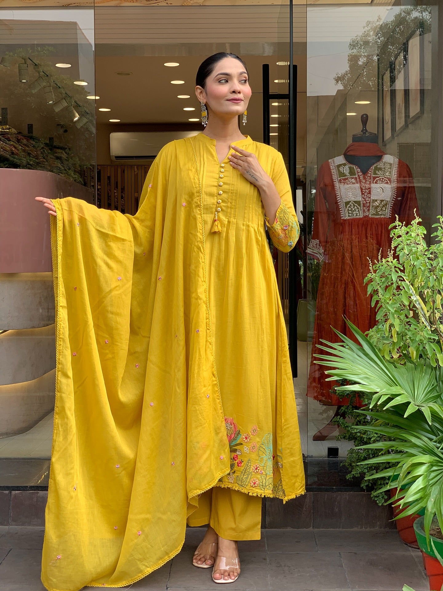 Yellow Chanderi Silk Embroidery Work Kurti Pant And Dupatta