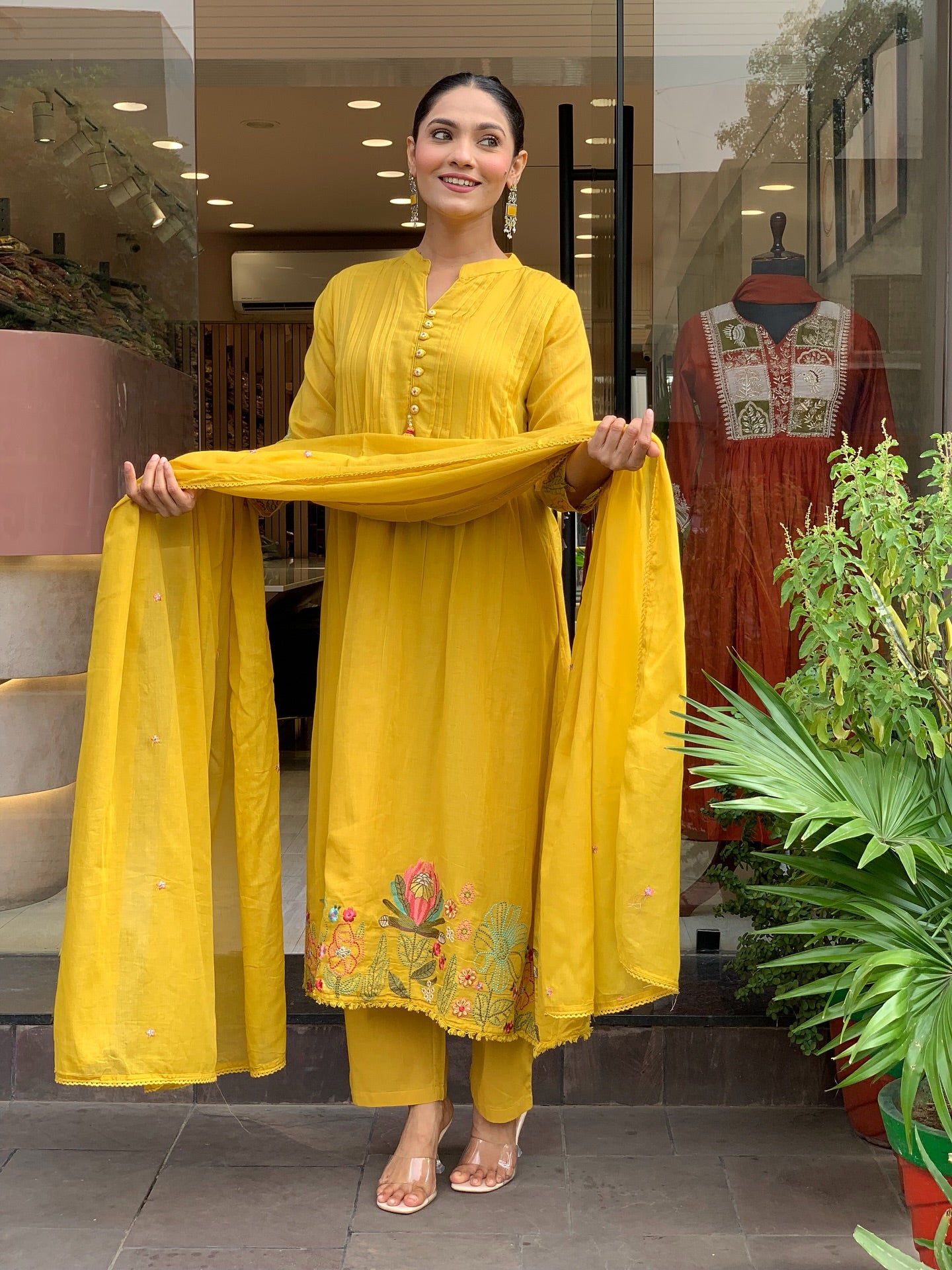 Yellow Chanderi Silk Embroidery Work Kurti Pant And Dupatta