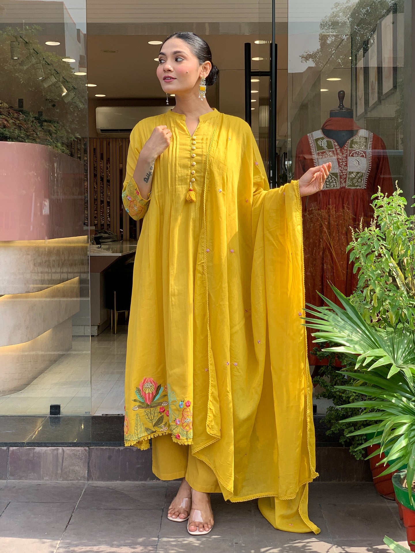 Yellow Chanderi Silk Embroidery Work Kurti Pant And Dupatta
