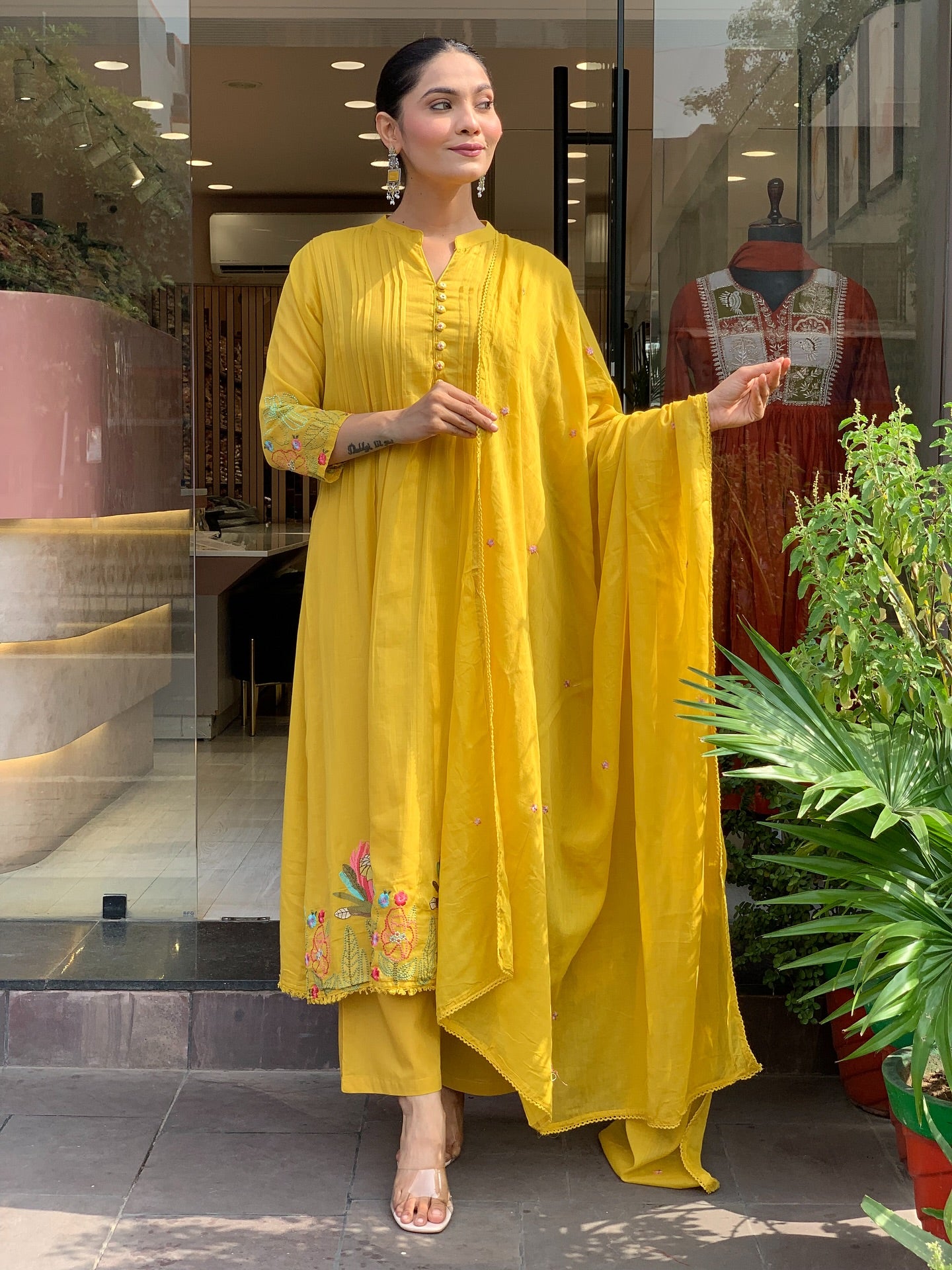 Yellow Chanderi Silk Embroidery Work Kurti Pant And Dupatta