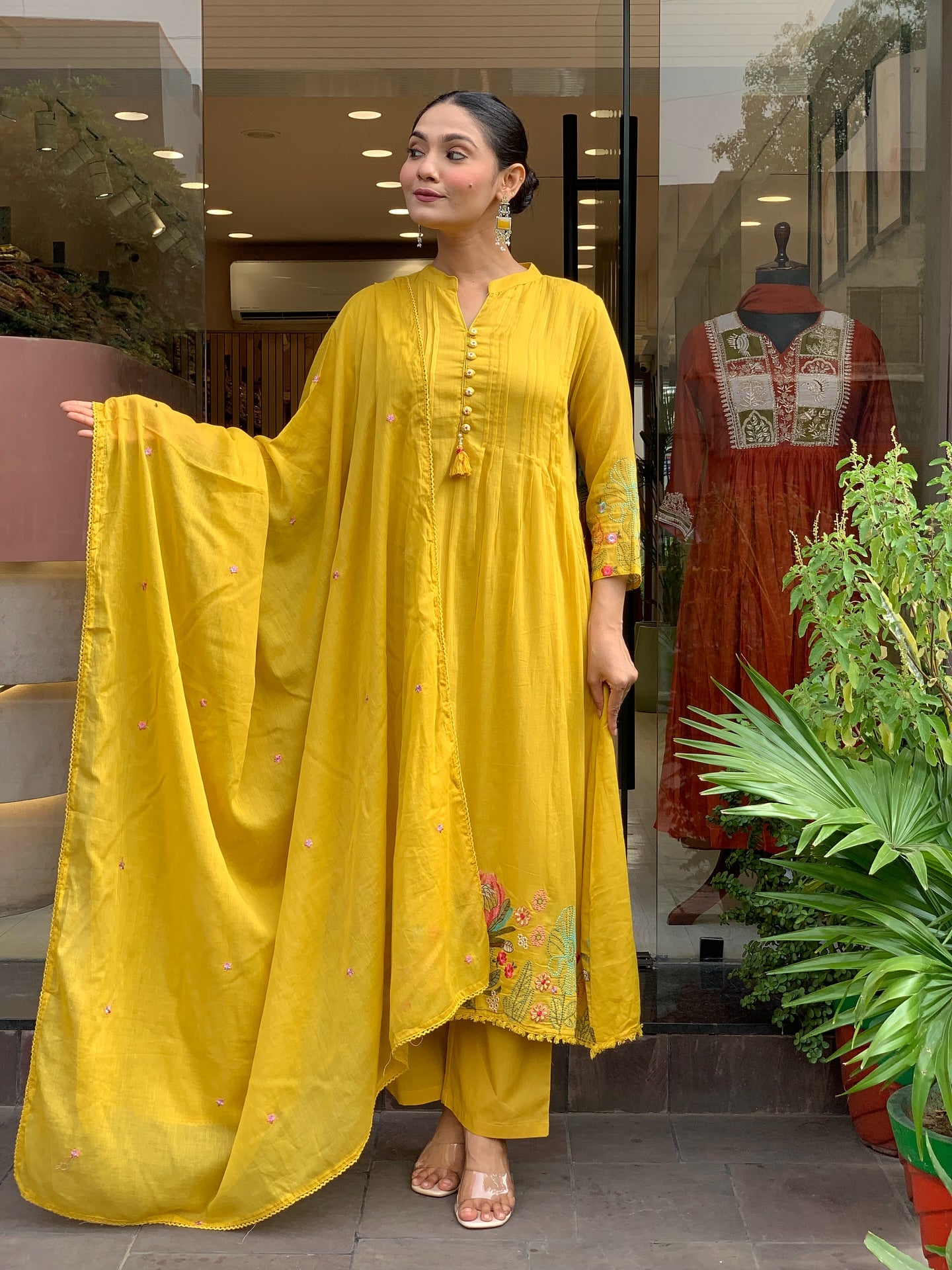 Yellow Chanderi Silk Embroidery Work Kurti Pant And Dupatta