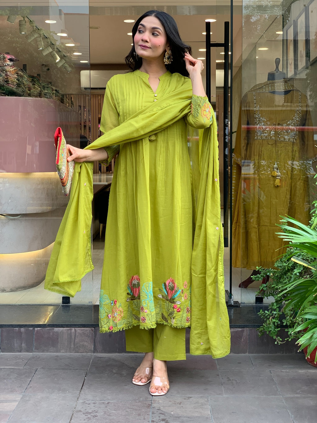 Mahendi Chanderi Silk Embroidery Work Kurti Pant And Dupatta