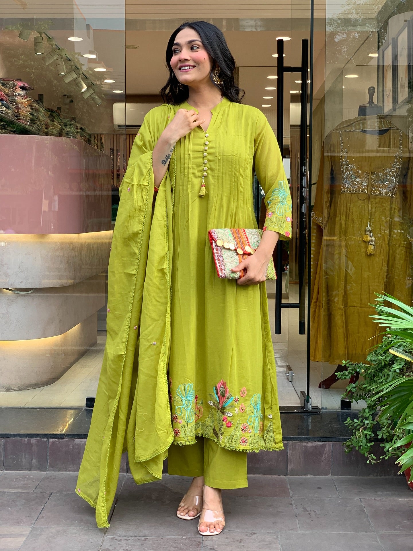 Mahendi Chanderi Silk Embroidery Work Kurti Pant And Dupatta