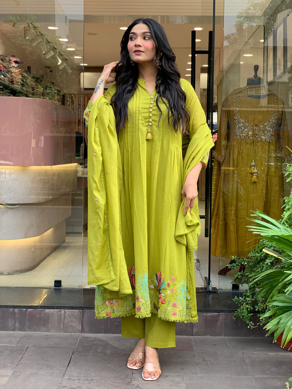 Mahendi Chanderi Silk Embroidery Work Kurti Pant And Dupatta