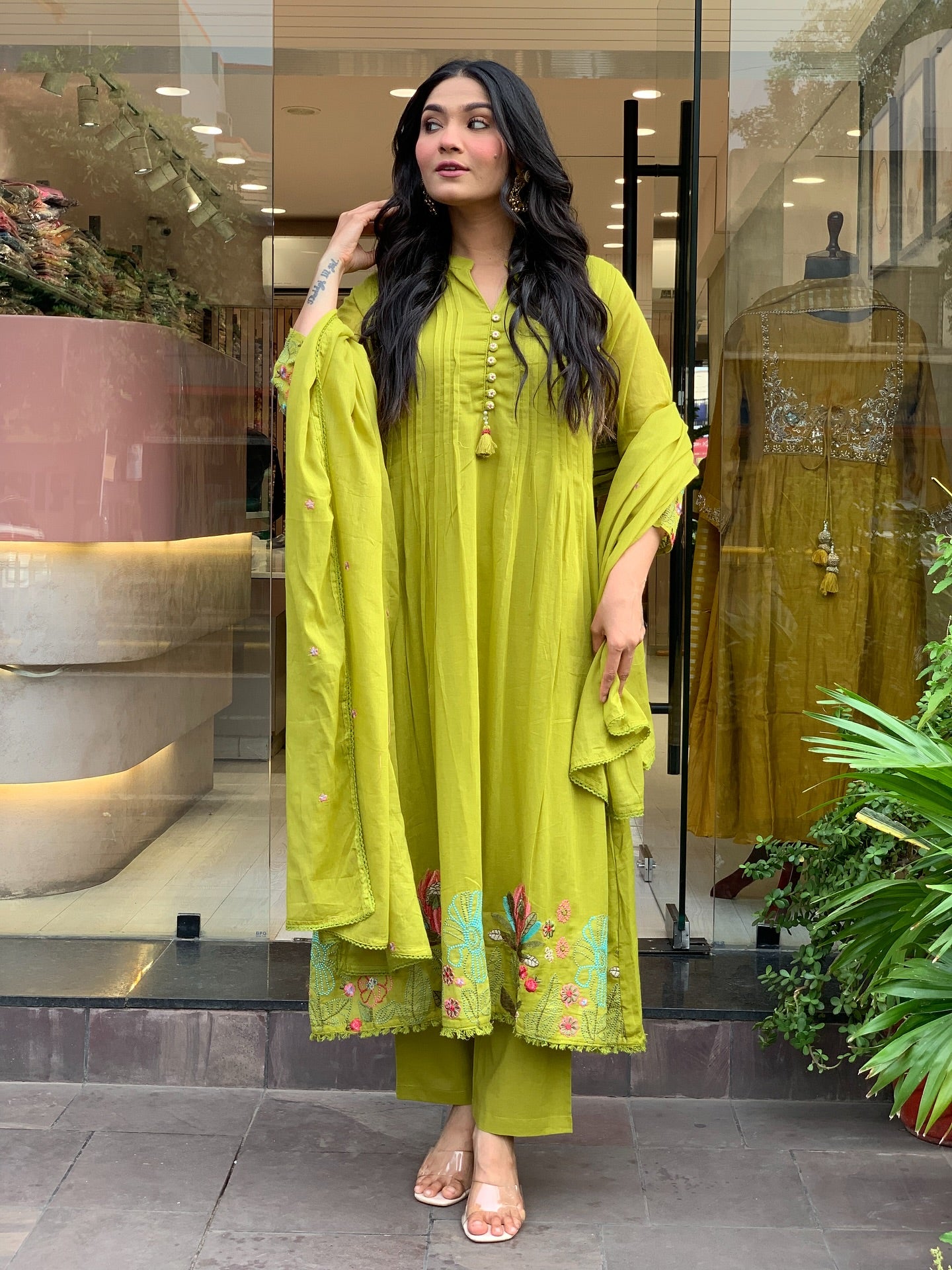 Mahendi Chanderi Silk Embroidery Work Kurti Pant And Dupatta