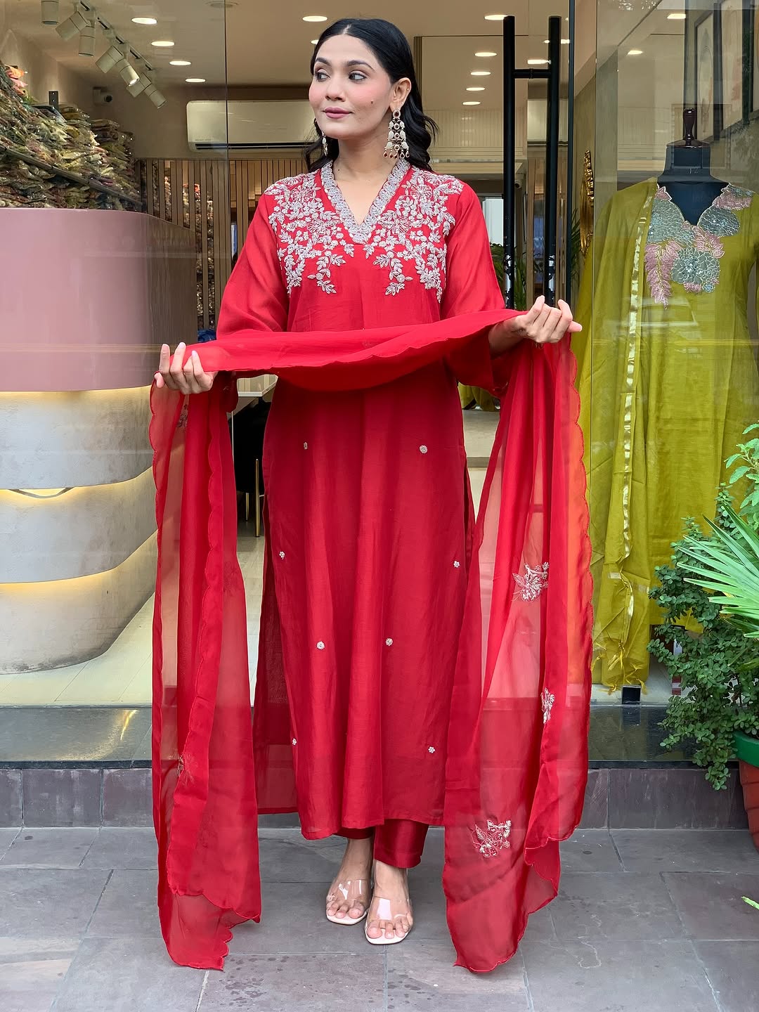 Red Chanderi Embroidered Kurti, Pant With Dupatta Set for Partywear