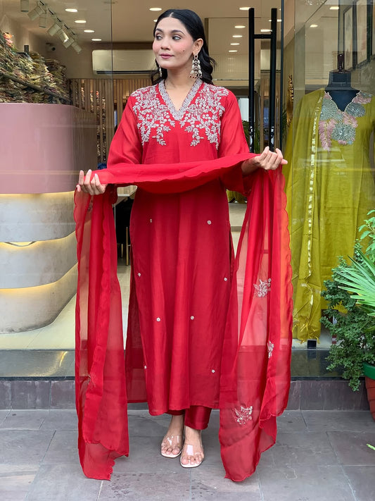 Red Chanderi Embroidered Kurti, Pant With Dupatta Set for Partywear