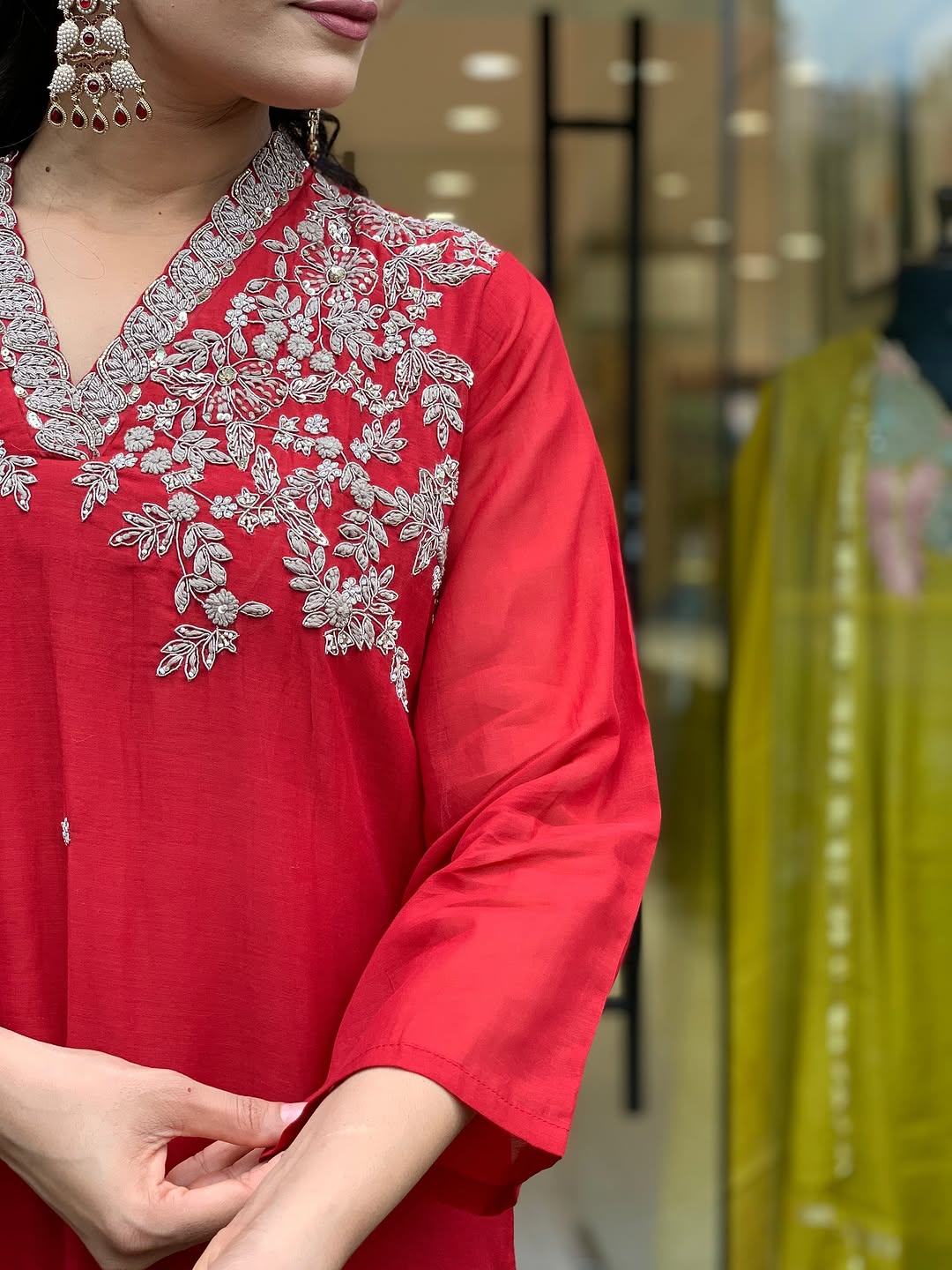 Red Chanderi Embroidered Kurti, Pant With Dupatta Set for Partywear