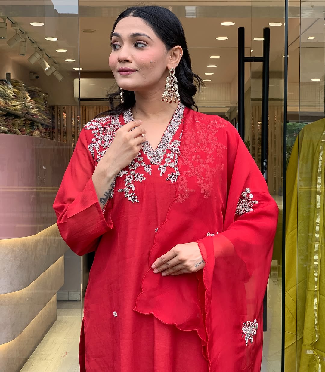 Red Chanderi Embroidered Kurti, Pant With Dupatta Set for Partywear