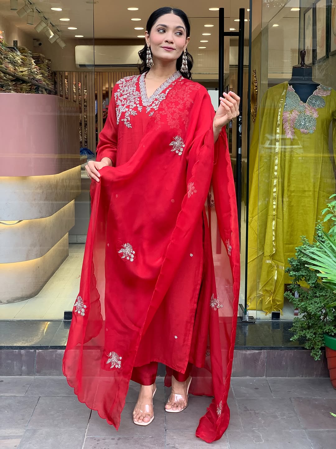 Red Chanderi Embroidered Kurti, Pant With Dupatta Set for Partywear