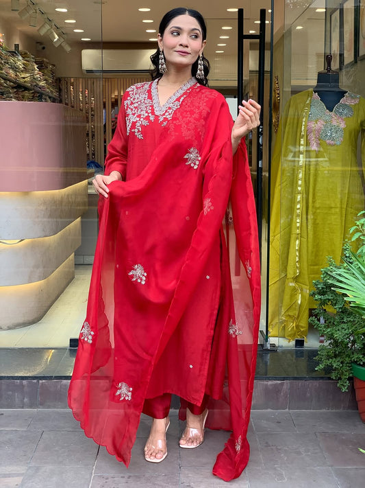 Red Chanderi Embroidered Kurti, Pant With Dupatta Set for Partywear