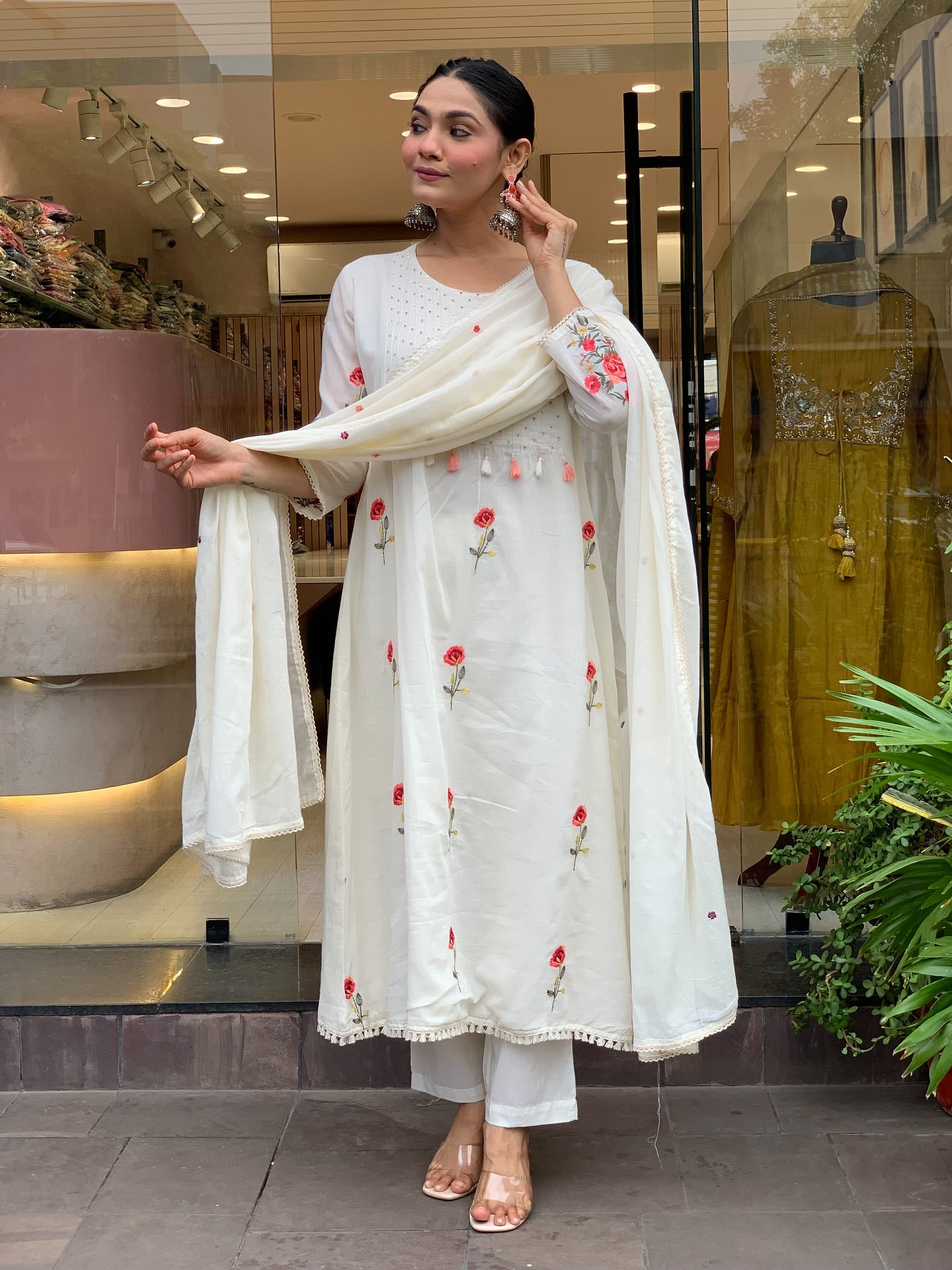 White Color Elegant Chanderi Silk Kurta Pant Set with Embroidered Dupatta