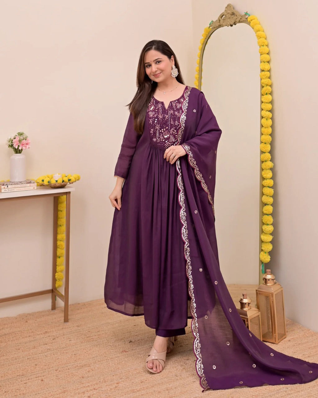 Persian Wine Noor Handwork Mul Chanderi A Line Suit