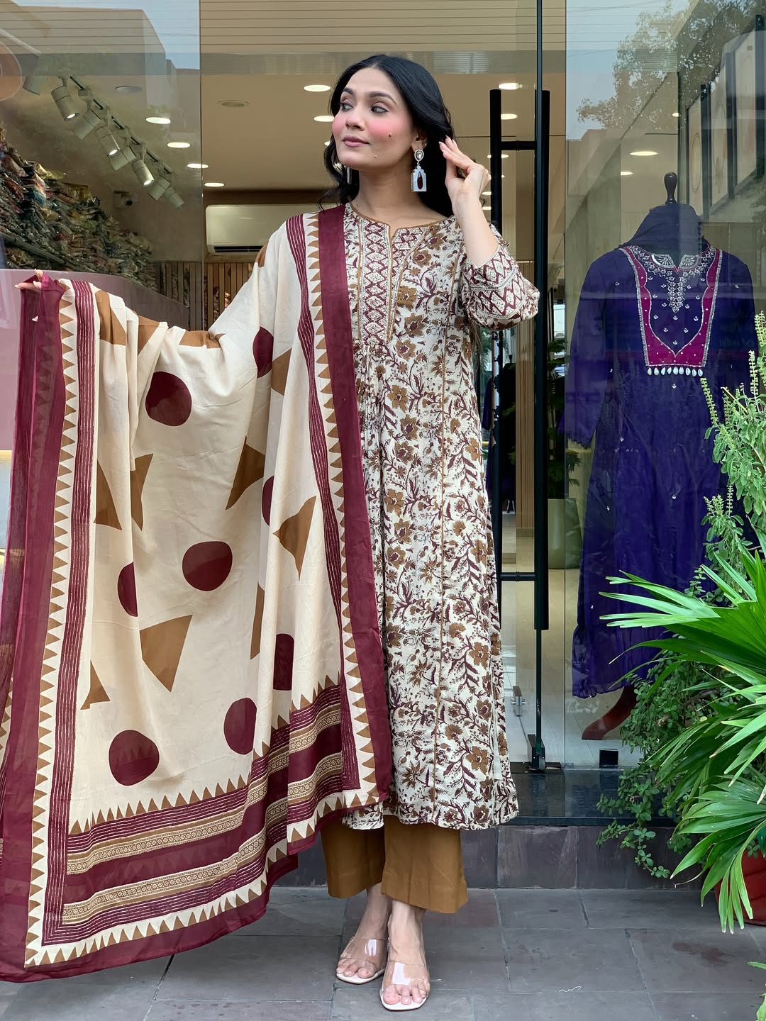 Cream Colour Fabulous Printed Magic Cotton Flared Kurti Pant Set with Cotton Dupatta for Ethnic Wear