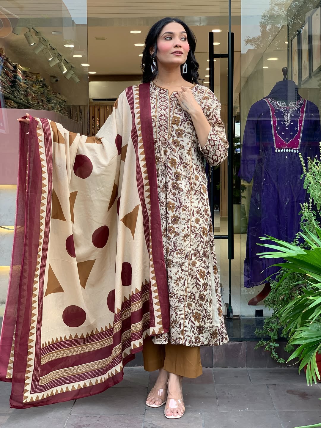Cream Colour Fabulous Printed Magic Cotton Flared Kurti Pant Set with Cotton Dupatta for Ethnic Wear