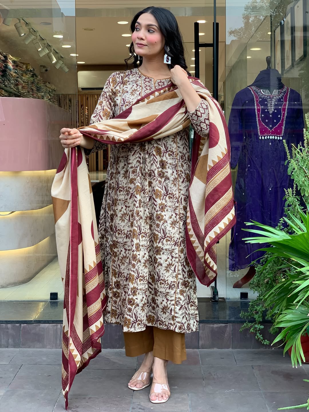 Cream Colour Fabulous Printed Magic Cotton Flared Kurti Pant Set with Cotton Dupatta for Ethnic Wear