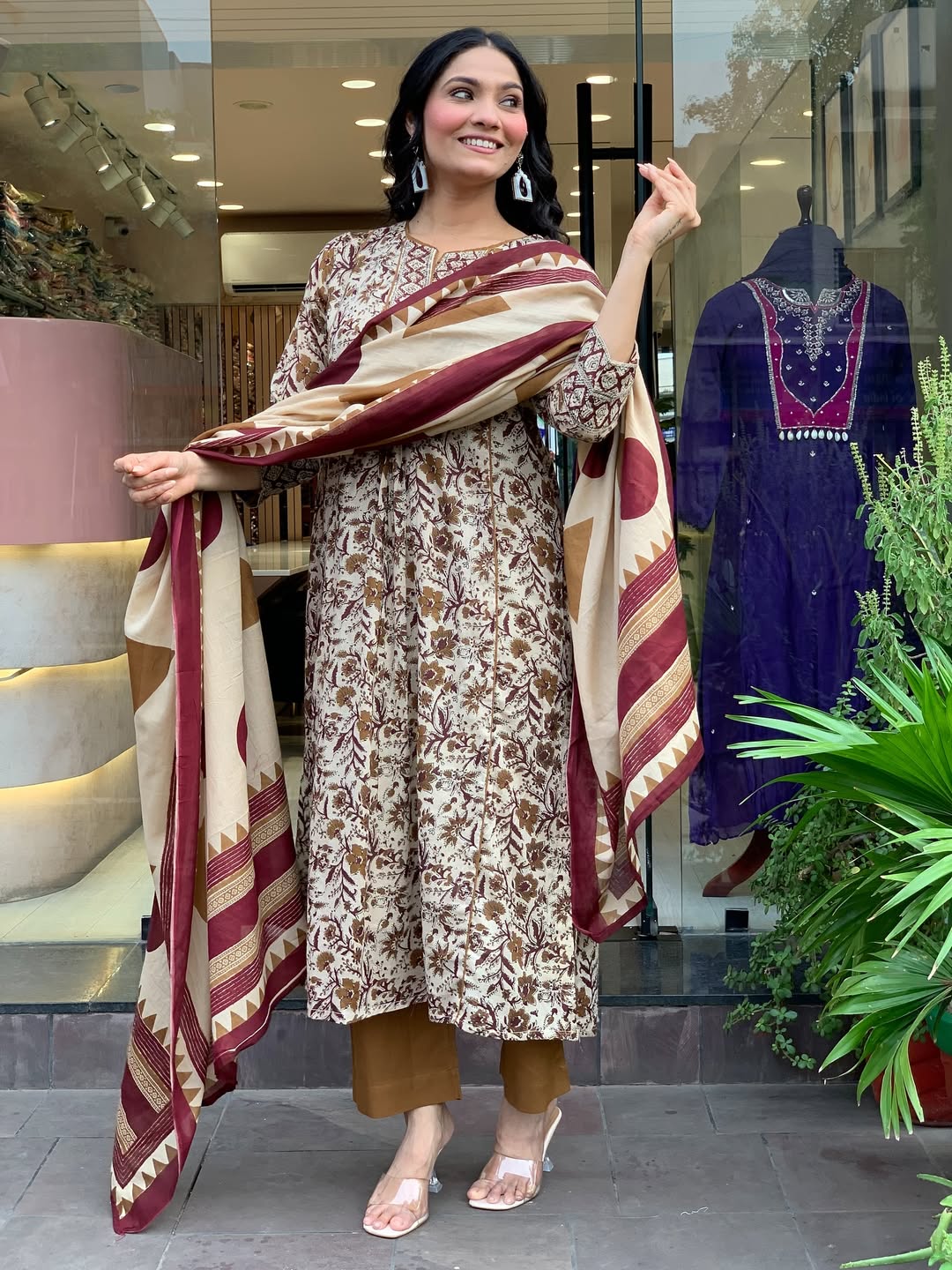 Cream Colour Fabulous Printed Magic Cotton Flared Kurti Pant Set with Cotton Dupatta for Ethnic Wear