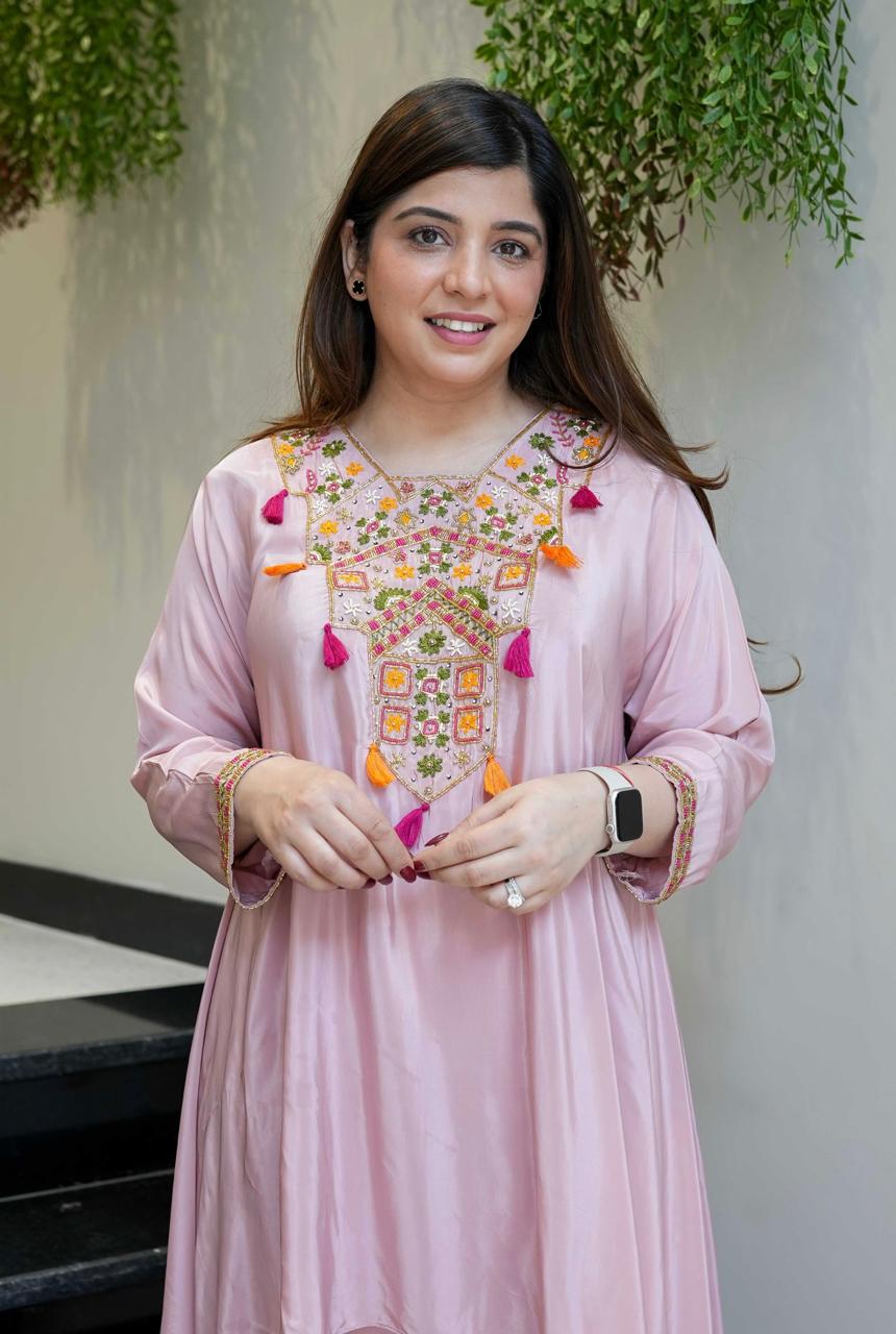 Pink Color Designer French Crepe Embroidered Top With Bottom Collection