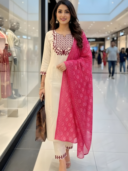 Off- White Rayon Slub Embroidered Straight Kurta Set with Dupatta