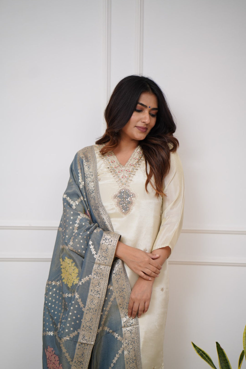 Off White Embroidered Viscose Kurta Set