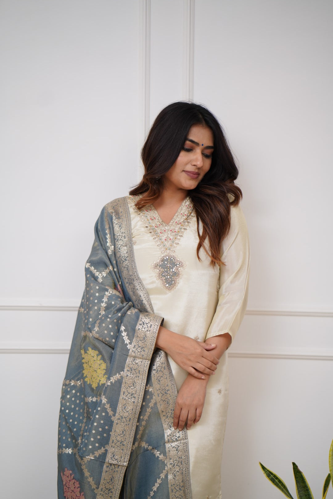 Off White Embroidered Viscose Kurta Set