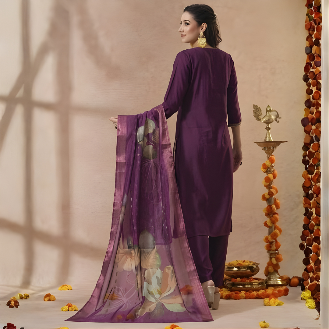 Wine Purple Magic Cotton Embroidered Kurta Set with Chanderi Dupatta