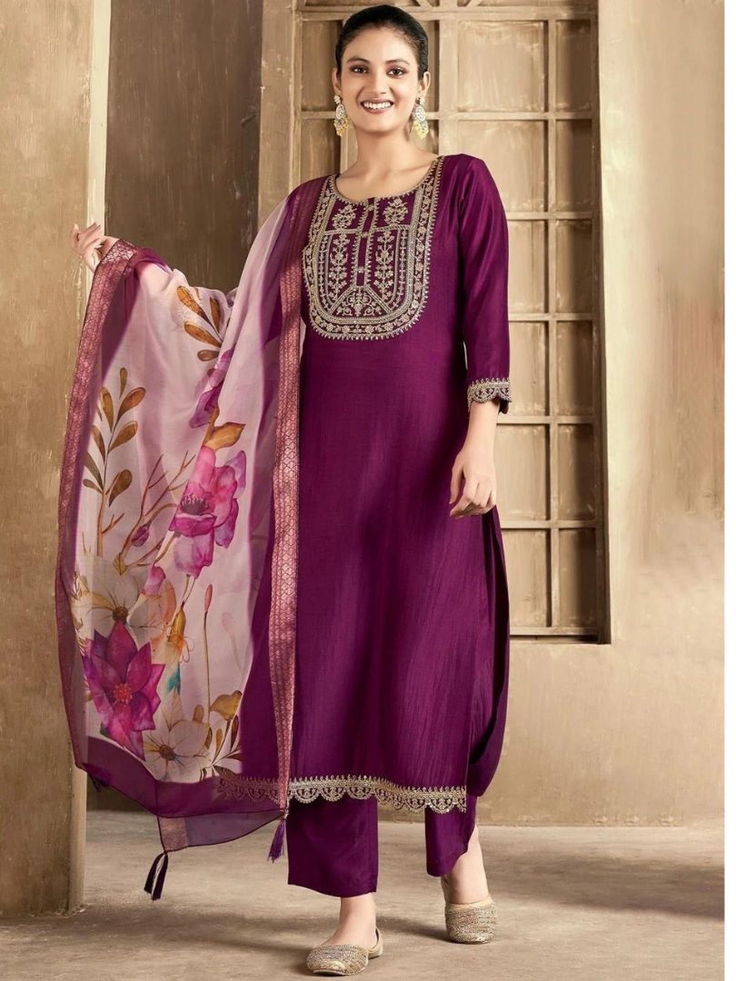 Women's Purple Color Rayon Slub Embroidered Kurta Pant With Dupatta
