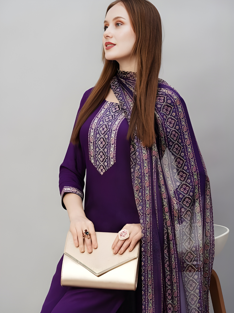 Purple Reyon Slub Regular Fit Kurta, Pant and Dupatta Set
