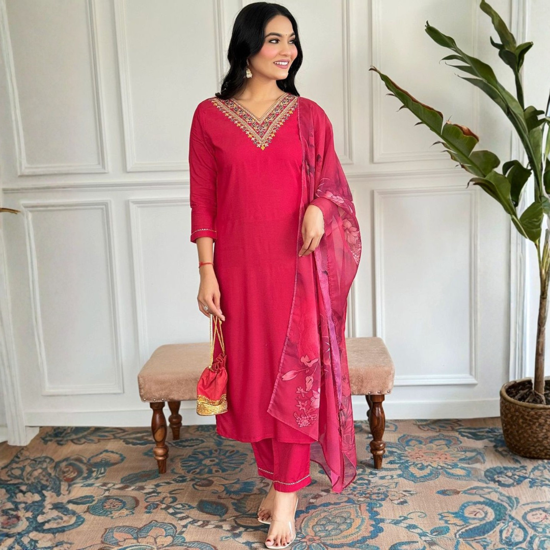 Red Three Piece Embroidered Salwar Kameez & Dupatta Set