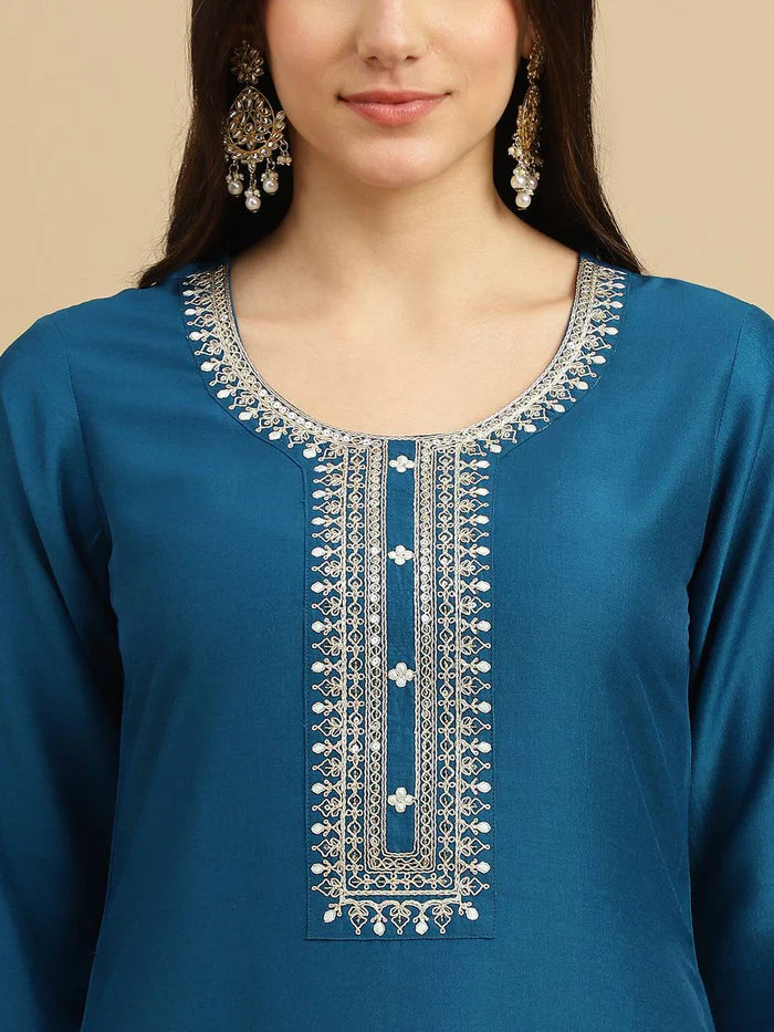 Blue Magic Cotton Chinon Neck Wok Digital Printed Dupatta Set