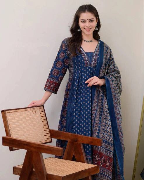 Blue Colour Ethnic Set Women Printed Anarkali Kurta and Pant with Dupatta