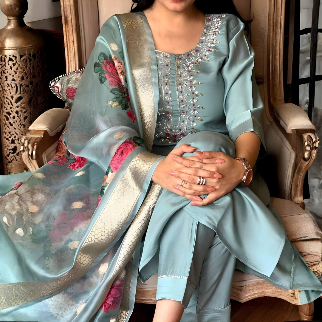 Magic Cotton Kurta Set with Detailed Embroidery and Digital Floral Chanderi Dupatta