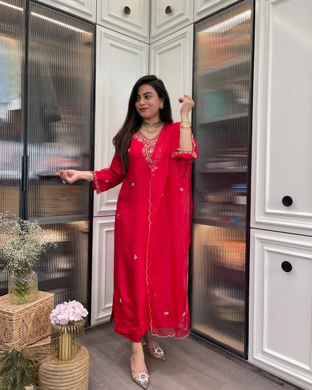 Indian Ethnic Kurta Set for Women | Red Embroidered Kurti with Pant & Organza Dupatta