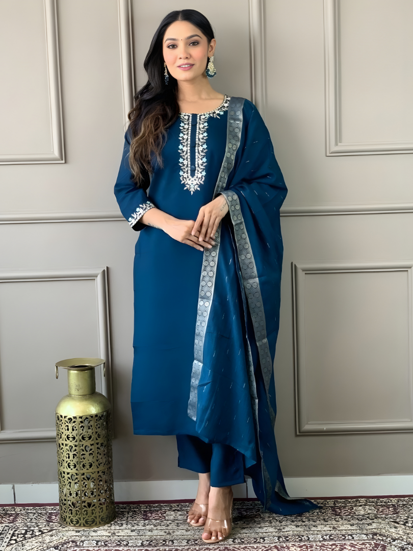 Women's Rayon Slub Kurti Pant Jacquard Border Dupatta | Three-Quarter Sleeve Ethnic Kurta Pant & Dupatta Set Blue