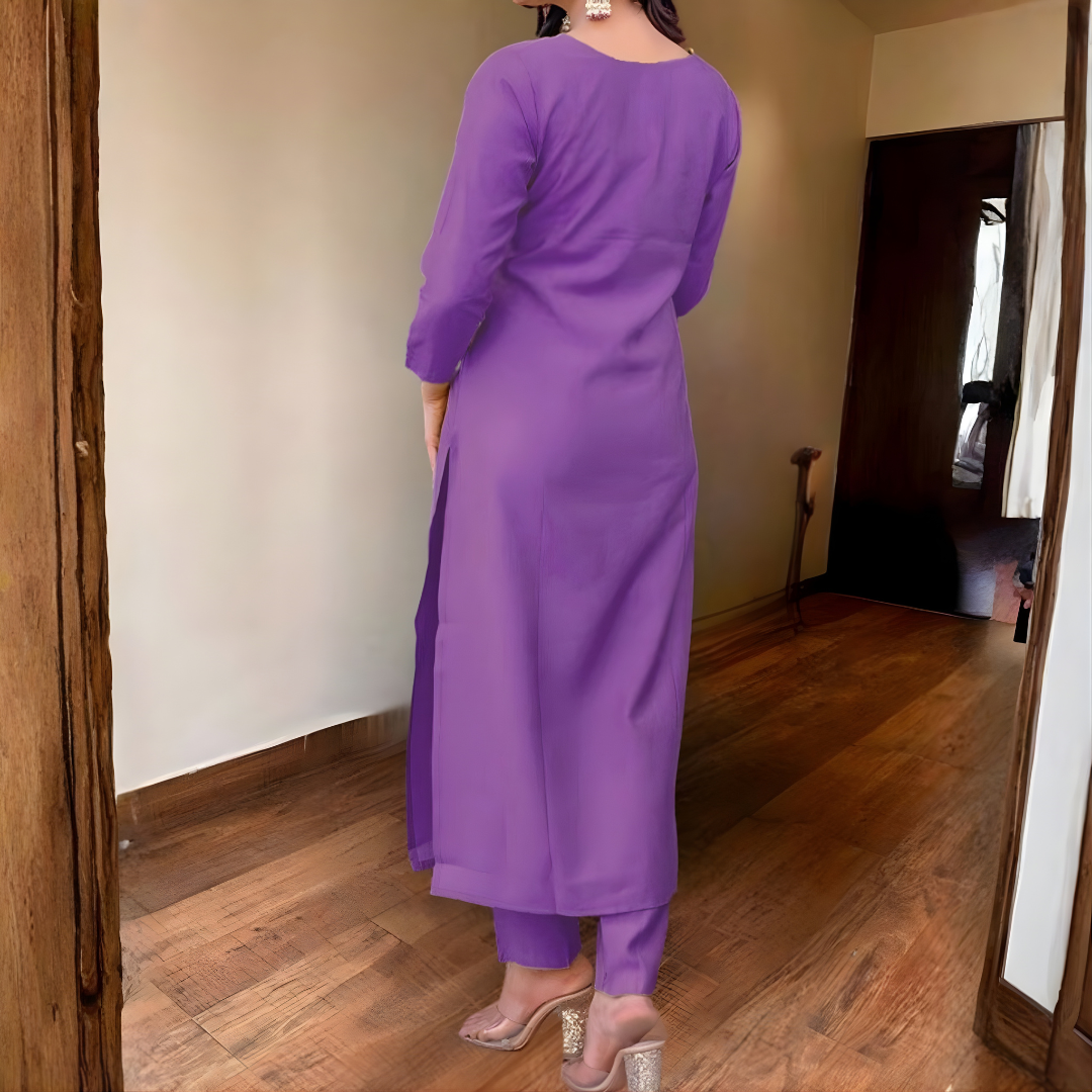 Purple Rayon Slub Long Kurti with Pants & Dupatta