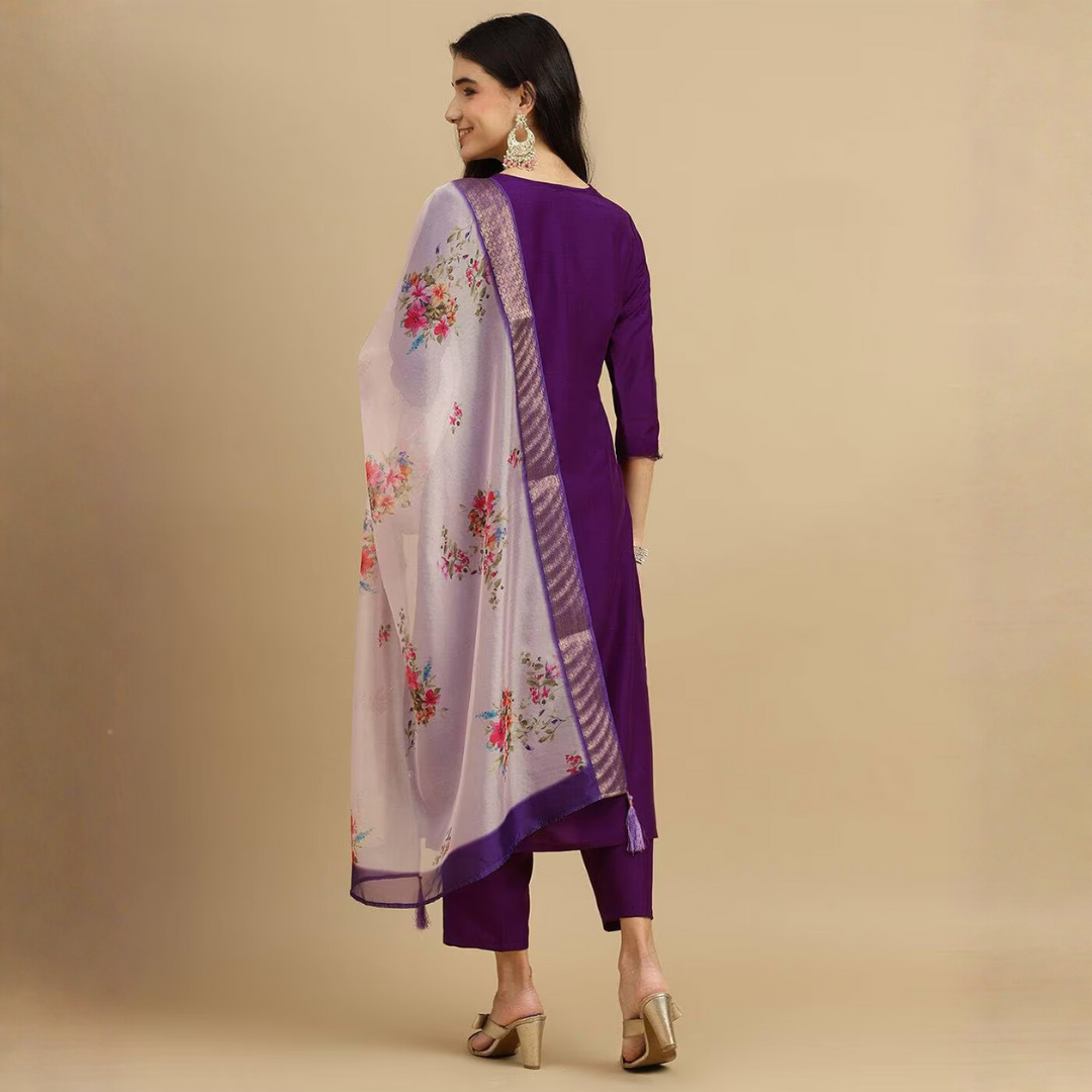 Purple Embroidered Rayon Slub Straight Kurta Pant Dupatta Set