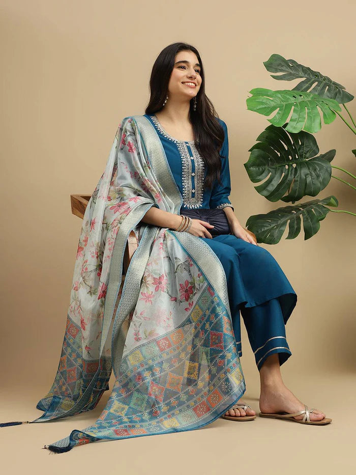 Blue Magic Cotton Chinon Neck Wok Digital Printed Dupatta Set